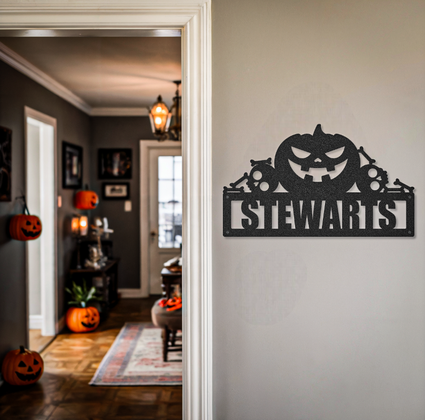 Family Name Halloween Pumpkin Skulls Sign