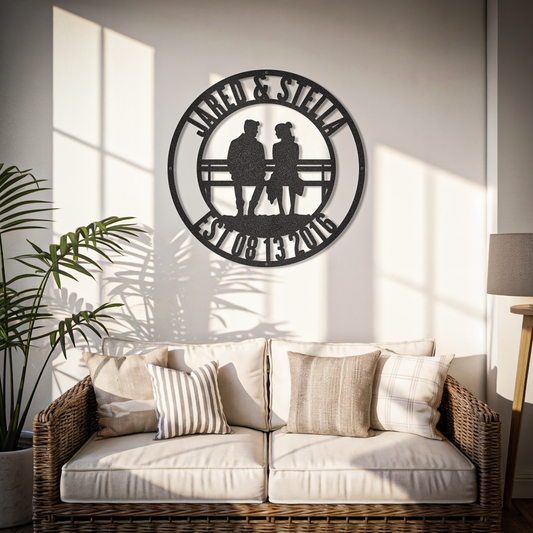 Couple Sitting On Bench Custom Names Sign