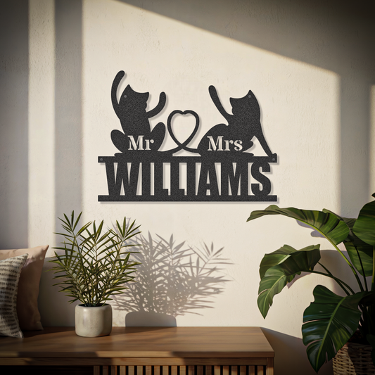 Loving Cat Couple Custom Family Name Sign