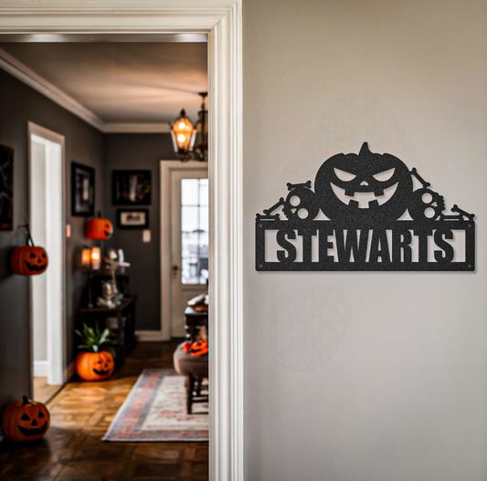 Family Name Halloween Pumpkin Skulls Sign